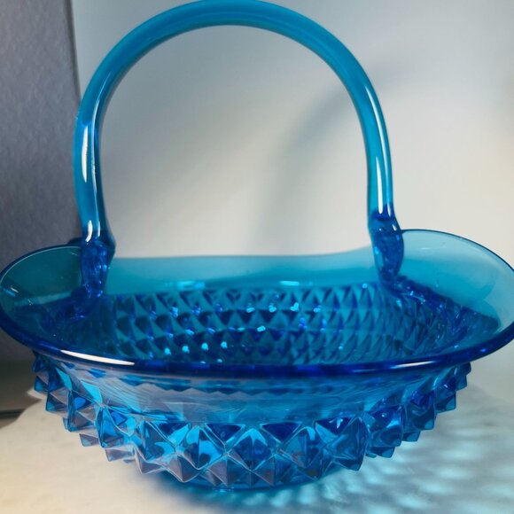 Vtg Aqua Turquoise Blue Tiera Indiana Glass Basket Diamond Point Large Glows - Picture 2 of 11